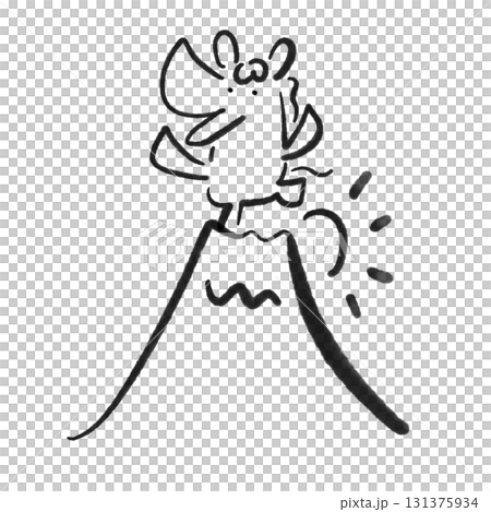 Smiling cute horse, Mt. Fuji and first sunrise of the year 2026, brush-drawn, monochrome, New Year's material 131375934
