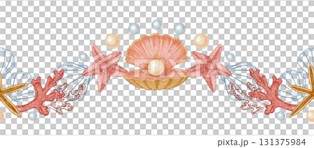 Wavy seamless border of seashell with pearl and starfish in watercolor. Hand drawn line art with red coral in colored pencil sketch. Great for summer travel card. Perfect for nautical coastal print. 131375984