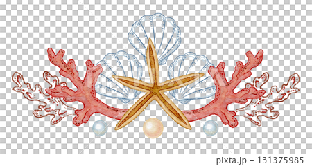 Five pointed starfish and seashell with pearl watercolor design. Hand drawn line art with coral in colored pencil style. Great for summer travel card or holiday print. Perfect for coastal project. 131375985