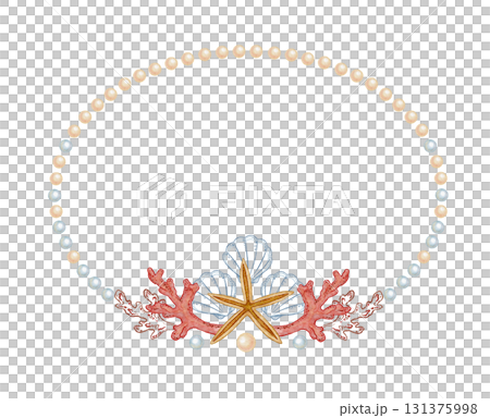 Oval horizontal wreath of pearl and five pointed starfish in watercolor and outline. Hand drawn line art in colored pencil sketch. Great for wedding invitation. Perfect for nautical card template. 131375998