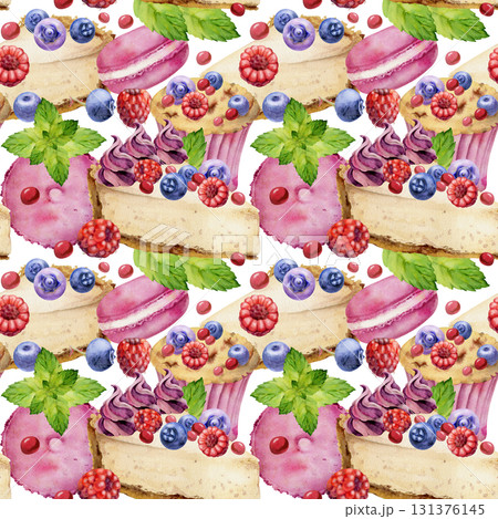Cheesecake and berry macaron topped with mint leaves, scattered raspberry and blueberry hand painted in watercolor. Isolated seamless pattern for culinary kits, food party invites, kitchen labels. Cheesecake and berry macaron topped with mint leaves, scattered raspberry and blueberry hand painted in watercolor. Isolated seamless pattern for culinary kits, food party invites, kitchen labels. 131376145