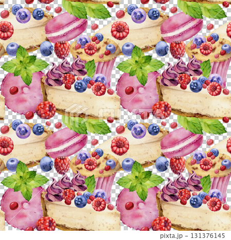 Cheesecake and berry macaron topped with mint leaves, scattered raspberry and blueberry hand painted in watercolor. Isolated seamless pattern for culinary kits, food party invites, kitchen labels. Cheesecake and berry macaron topped with mint leaves, scattered raspberry and blueberry hand painted in watercolor. Isolated seamless pattern for culinary kits, food party invites, kitchen labels. 131376145