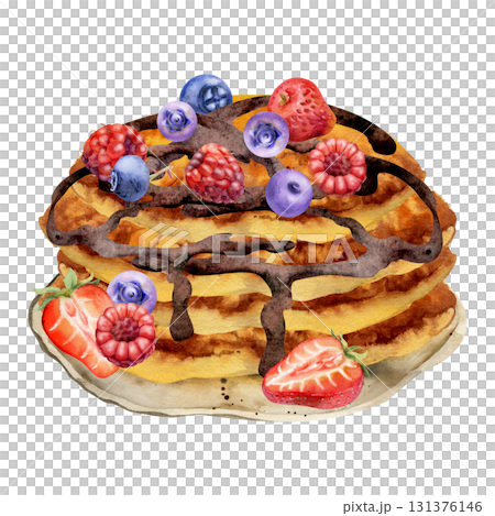 Ceramic tray with pancakes tower stack, fresh raspberries, blueberries and melted ganache chocolate. Isolated hand painted watercolor illustration. Dessert menus, cafe signage, sweet kitchen decor. Ceramic tray with pancakes tower stack, fresh raspberries, blueberries and melted ganache chocolate. Isolated hand painted watercolor illustration. Dessert menus, cafe signage, sweet kitchen decor. 131376146
