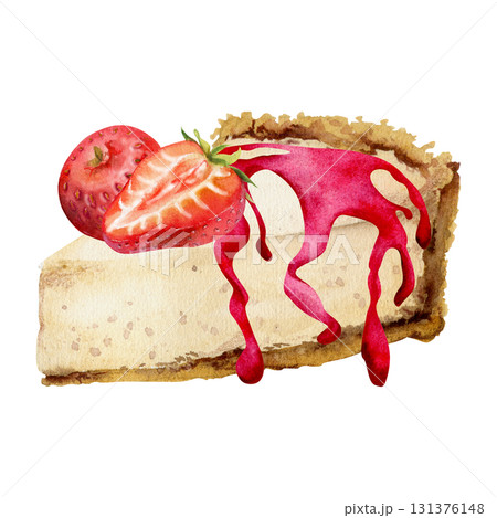 Strawberry-topped cheesecake slice with fresh cut sweet berries and jam syrup drizzle topping in watercolor. Isolated hand drawn dessert illustration. Menu art, lifestyle printables, cooking blogs. 131376148