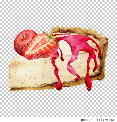 Strawberry-topped cheesecake slice with fresh cut sweet berries and jam syrup drizzle topping in watercolor. Isolated hand drawn dessert illustration. Menu art, lifestyle printables, cooking blogs. 131376148