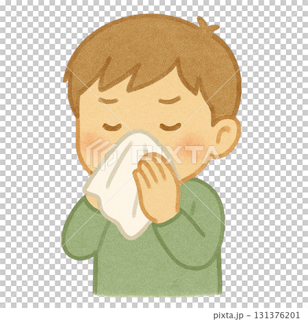 [People] Illustration of a boy blowing his nose 131376201