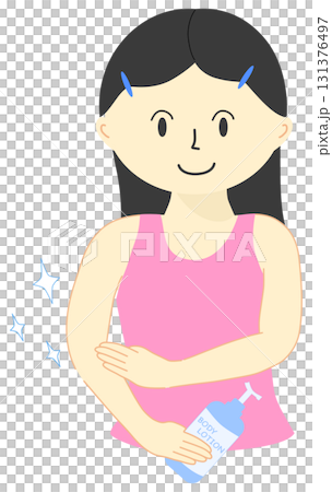 Cartoon woman applying lotion to her arm 131376497