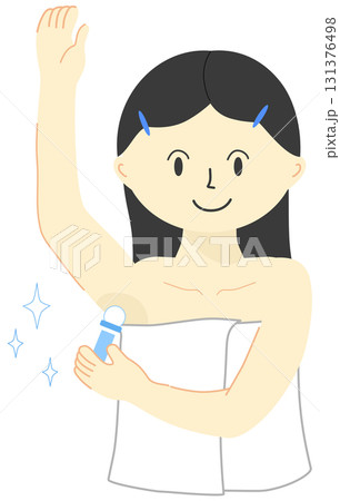Cartoon woman applying roll-on deodorant to her armpit to control body odor Cartoon woman applying roll-on deodorant to her armpit to control body odor 131376498
