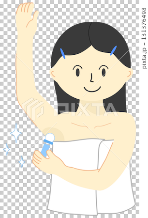 Cartoon woman applying roll-on deodorant to her armpit to control body odor Cartoon woman applying roll-on deodorant to her armpit to control body odor 131376498