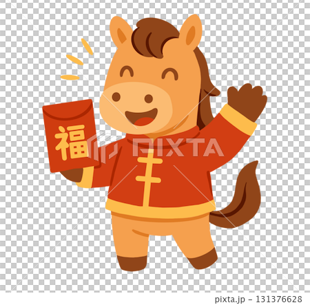 卡通馬拿著紅包迎接農曆新年 卡通馬拿著紅包迎接農曆新年 131376628