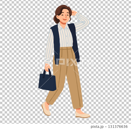 Illustration of a woman walking outdoors with a bag 131376636
