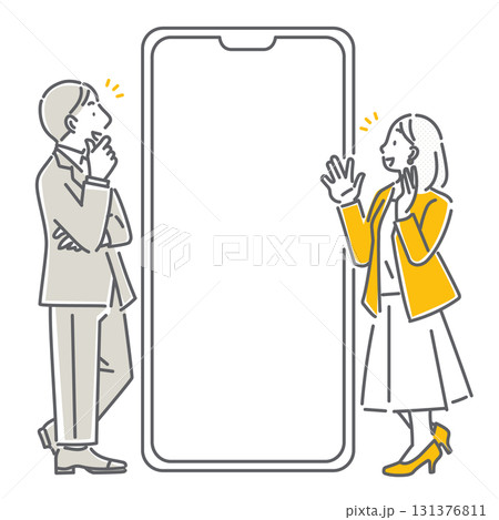 スマホの画面を見ながら喜ぶビジネスパーソン　シンプルでお洒落な線画イラスト 131376811