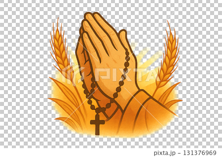 Praying hands with rosary and wheat, symbolizing religious faith. Isolated on transparent background 131376969