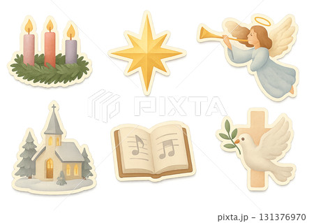 Christmas religious symbols including candles, star, angel, church, book, dove. Isolated on transparent background Christmas religious symbols including candles, star, angel, church, book, dove. Isolated on transparent background 131376970