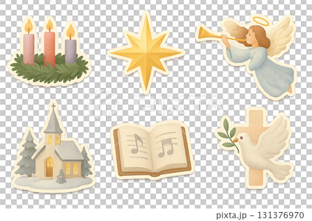 Christmas religious symbols including candles, star, angel, church, book, dove. Isolated on transparent background Christmas religious symbols including candles, star, angel, church, book, dove. Isolated on transparent background 131376970