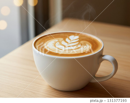 A hyper-realistic, high-detail close-up photograph of a perfectly crafted latte with complex latte art in a clean, stylish white ceramic mug 131377193