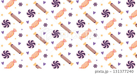 Candy pattern with wrapped candies, striped sweets, hearts and stars. fun and festive Candy pattern with wrapped candies, striped sweets, hearts and stars. fun and festive 131377240