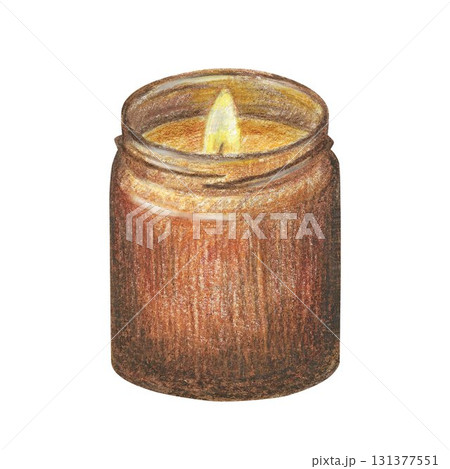 Hand drawn illustration with brown glass candle for graphic design. Hand drawn colored pencil illustration on white background. Hand drawn illustration with brown glass candle for graphic design. Hand drawn colored pencil illustration on white background. 131377551