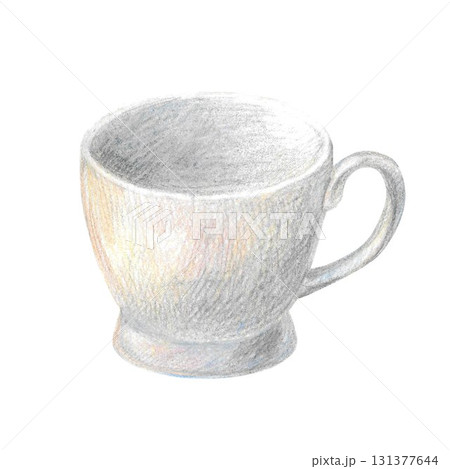 Hand drawn illustration with white cup. Hand drawn colored pencil illustration on white background. Hand drawn illustration with white cup. Hand drawn colored pencil illustration on white background. 131377644