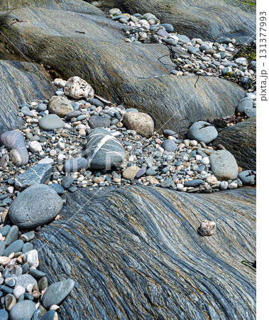 The scene shows large, smooth rocks and smaller pebbles on the shoreline. The exposed rocks display interesting textures near the ocean in West Cork. The scene shows large, smooth rocks and smaller pebbles on the shoreline. The exposed rocks display interesting textures near the ocean in West Cork. 131377993