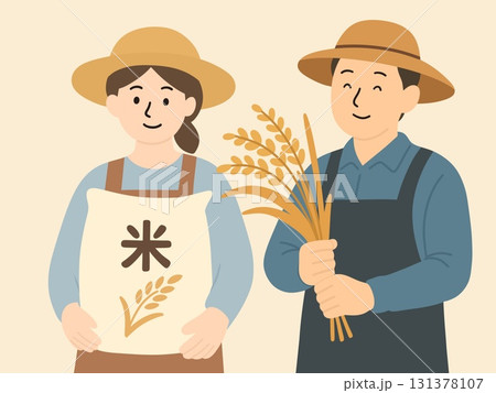 稲と収穫した米袋を持った稲作農家さん2人 131378107