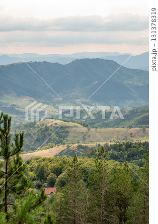 Panoramic view of green forested mountains and valleys under gloomy cloudy sky 131378319