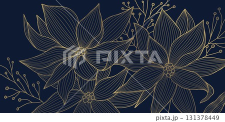 Elegant winter vector background, golden floral pattern, branches, holly ornament, modern festive style. Christmas card, banner, luxury postcard, decorative template. Elegant winter vector background, golden floral pattern, branches, holly ornament, modern festive style. Christmas card, banner, luxury postcard, decorative template. 131378449
