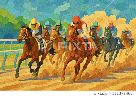 競馬　サラブレッド　ラストスパート　貼り絵風 131378469