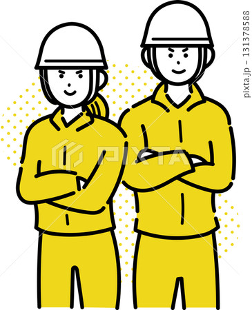 若い土木作業員の男性と女性がキリリとした表情のイラスト 131378588
