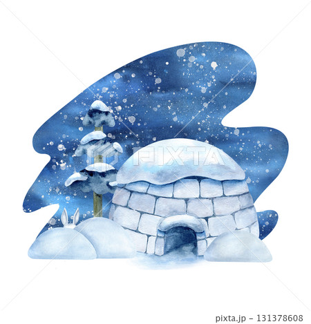 Watercolor winter night landscape with igloo, snowdrift, bunny ears and spruce. Snow scenery, snowfall, Inuit ice house. For children's book design, North, Arctic article, card, decorative element 131378608