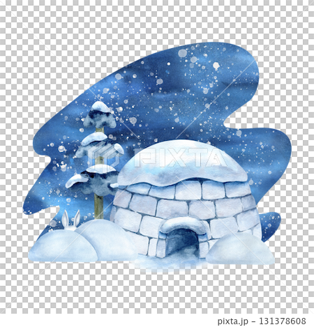 Watercolor winter night landscape with igloo, snowdrift, bunny ears and spruce. Snow scenery, snowfall, Inuit ice house. For children's book design, North, Arctic article, card, decorative element 131378608