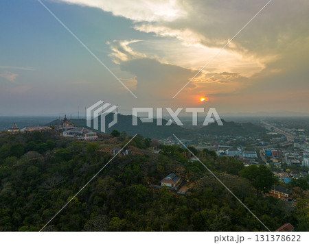 aerial view beautiful sunset above the palace in Phetchaburi city on hilltop. 131378622