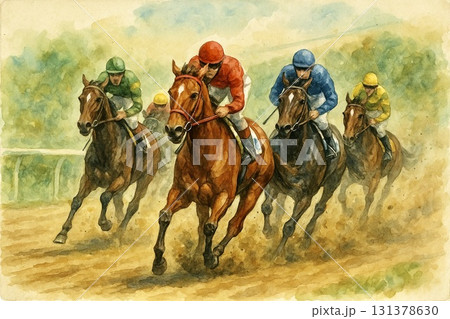 競馬 サラブレッド ラストスパート 水彩画のイラスト素材 [131378630