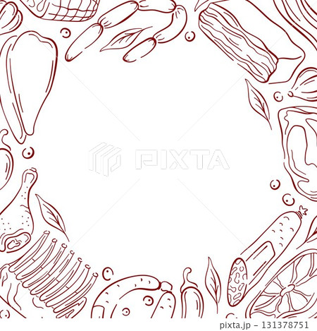 Frame of assorted meat cuts, sausage, bacon and herbs on a white background in line art style for butcher shop package design. Frame of assorted meat cuts, sausage, bacon and herbs on a white background in line art style for butcher shop package design. 131378751