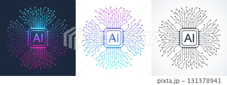Artificial intelligence icon, sign, logo in the circuit line style. AI processor vector icon flat design. Motherboard digital chip AI. Machine learning design 131378941