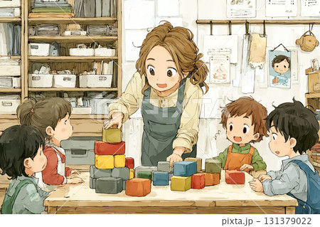美優シリーズ：子供たちがカラフルなブロックで遊ぶのをサポートするシーン 131379022