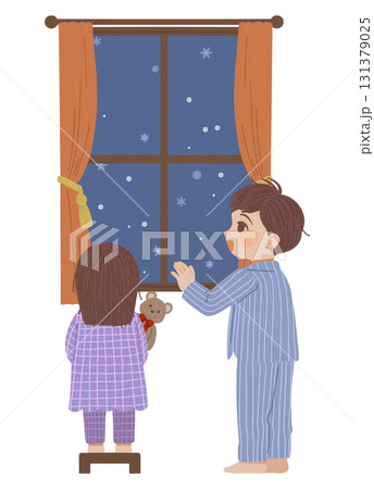窓辺で雪景色を眺める男の子と女の子のイラスト 131379025