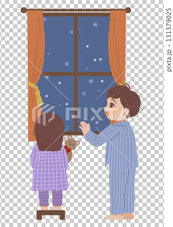 男孩和女孩從窗戶欣賞雪景的插圖 131379025