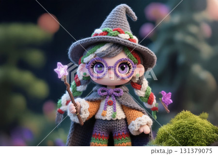 Witch crochet doll girl holding magic wand standing in the garden. 131379075