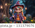 Witch crochet doll girl holding magic wand. 131379076