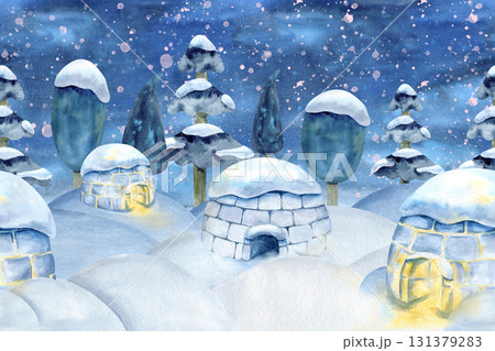Winter night Inuit landscape with igloo, snowdrift, forest and snowfall seamless border. Watercolor scenery, illuminated ice house, tree with snow on top. North, Arctic design, banner, art 131379283