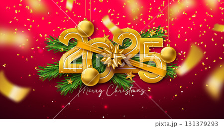 Merry Christmas and Happy New Year Greeting Card Banner with Fir Branch and Gold 2025 Typography Number on Red Falling Confetti Background. Vector Holiday Season Design with Decoration Elements for Merry Christmas and Happy New Year Greeting Card Banner with Fir Branch and Gold 2025 Typography Number on Red Falling Confetti Background. Vector Holiday Season Design with Decoration Elements for 131379293