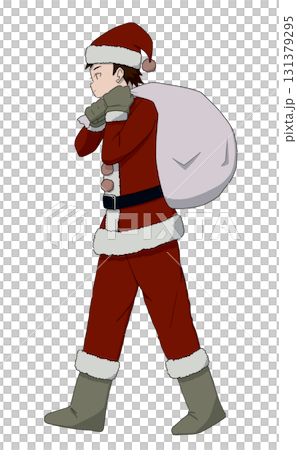 クリスマスプレゼントの袋を背負った、サンタの恰好をしている男性 131379295