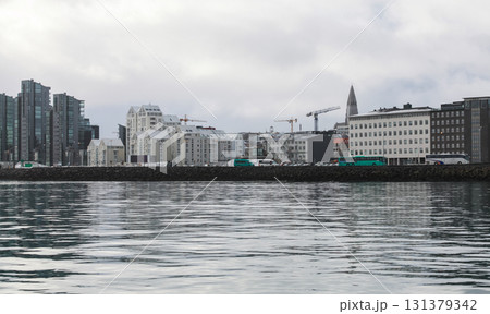 Reykjavik, Iceland. A calm harbor scene with a modern city skyline 131379342