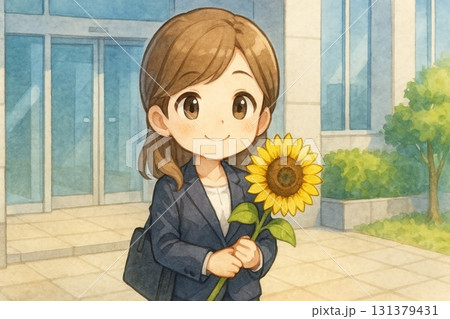 ひまわりを持つ女性ビジネスキャラ 131379431