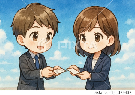 青空の下で名刺交換する男女ビジネスキャラクター 131379437