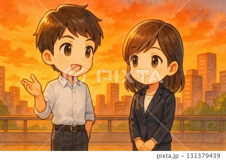 夕暮れの街並みで会話する男女ビジネスキャラクター 131379439