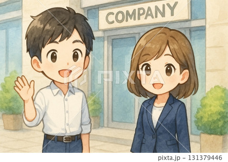 会社前で挨拶を交わす男女ビジネスキャラクター 131379446