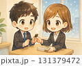 冬のオフィスでチョコを分け合うちびキャラ社員 131379472