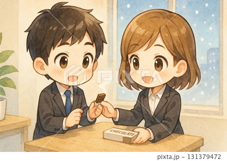 冬のオフィスでチョコを分け合うちびキャラ社員 131379472